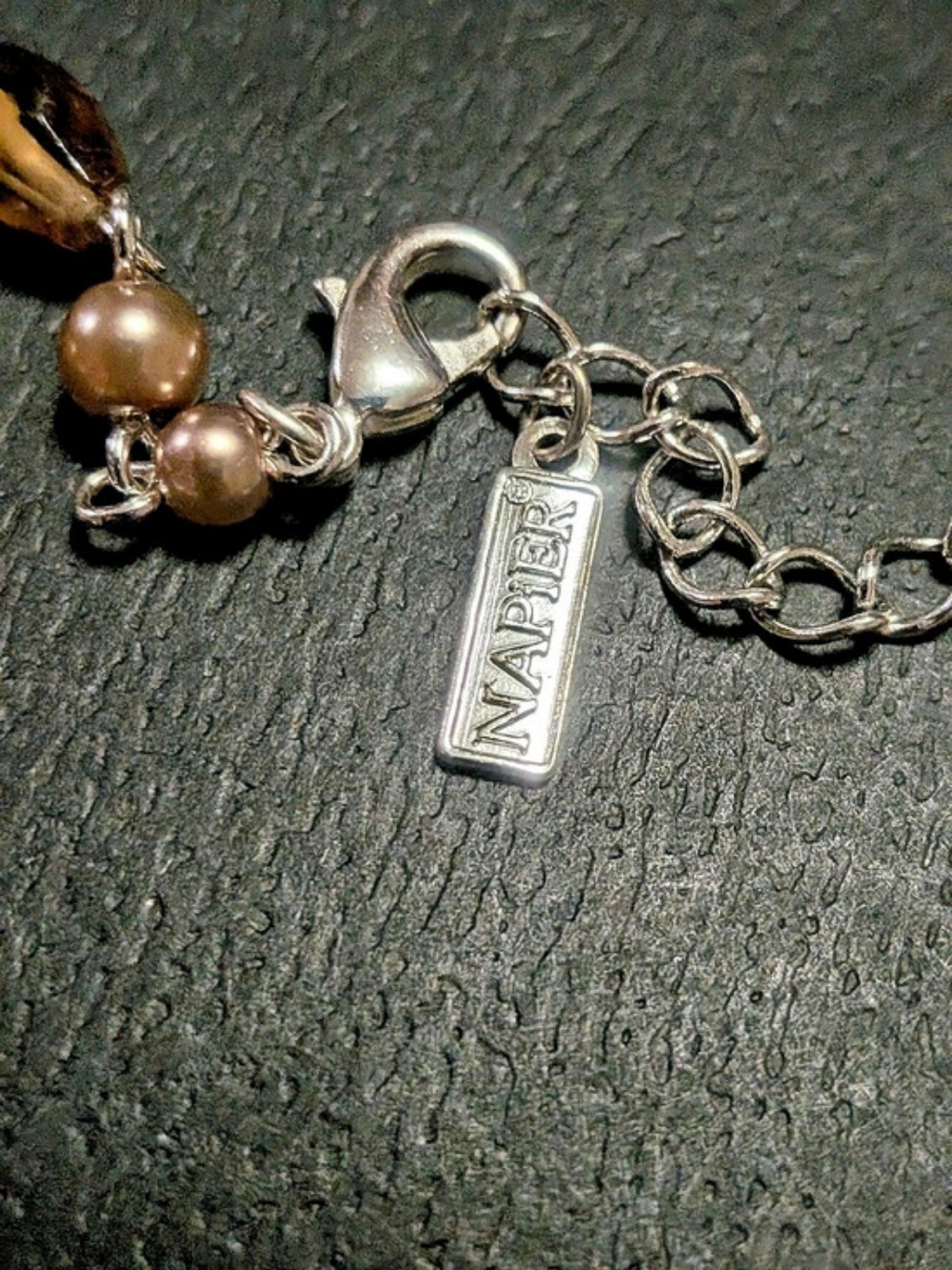Vtg NAPIER Beaded Necklace Peach Faux Pearl Amber Crystal Silver Tone Signed - Picture 3 of 8